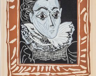 Lot 1035
Pablo Picasso (Spanish, 1881-1973) Linoleum Cut Printed in Colors on Wove Paper 'Portrait De Jacqueline À La Fraise', H 24.5" W 17.4"