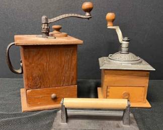Vintage Coffee Grinders And Cast Iron Steak Press