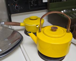 Copco MCM Yellow Tea Kettle and small pot with lid and wooden handles by Michael Lax 