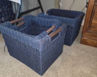 Decorative blue wicker storage baskets 