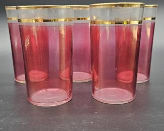 5-Vintage Cranberry Highball Glasses w/ Gold Rings
