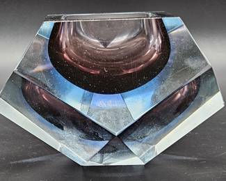 Blown Art Glass Clear to Blue & Amethyst Bowl