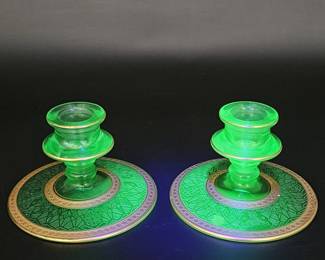 EAPG Old Century Glass Vaseline Glass Candlesticks