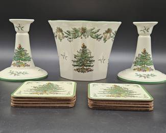(10) Spode Christmas: 2-Candlesticks, 8-Coasters, Planter
