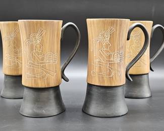 (4) Handled Wooden Mugs w/ Indigenous Image
