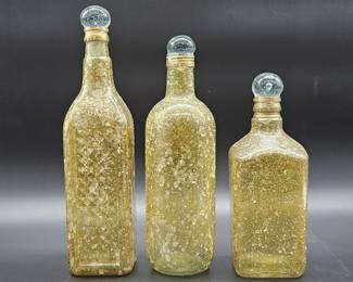 3-Decorative, Distressed Amber Bottles w/ Stoppers