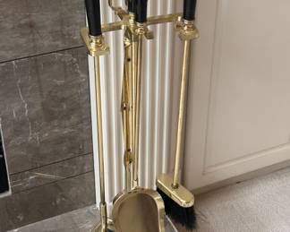 Brass w/ Black Handle Fireplace Tool Set on Stand