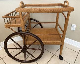 Vintage Wicker Rolling Teacart w/ Glass Tray Top