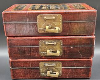 (3) Vintage Wooden Asian Calligraphy Boxes
