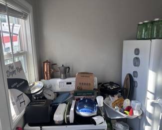 Kitchen items, pasta drying rack, roaster, george forman gril, coffee/ espresso makers from italy, plates, cups, pots, plans, real silver, mason jars