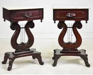Pair of vintage empire style marble top, lyre base side tables with a single drawer, mahogany. 