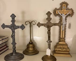 Antique crucifix, brass, pewter, ceramic 