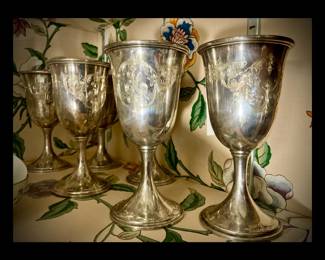 Set of Six S. Kirk & Sons Sterling Silver Engraved Water or Wine Goblets