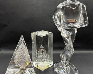 High quality glass collectibles, here Waterford Christmas trees, and Baccarat ‘Jogger-Running Man’ 