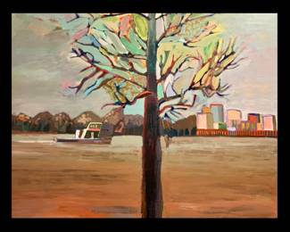 Michael Secor, American, 20th Century, MFA from LSU, oil on board, “Red Tree, Blue Tree”, showing the Baton Rouge Skyline and Mississippi River