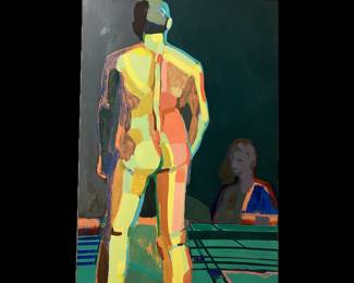 Michael Secor, American, 20th Century, MFA from LSU, "Standing Back, Green" circa 2010, Acrylic on Panel. This image depicts the artist, shown in the background, attending a figure study class at LSU