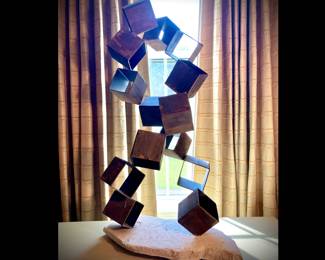 Christopher Piccola, Houston, Texas, 20th Century, "Helix Cube", Metal Sculpture on Stone Base