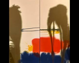 Nancy Harris, MFA, Painting and MA, Art History, Louisiana artist born 1951, "Corinth Canal", a pair, circa 1977, each panel appx 6' by 3', paint on raw canvas 
