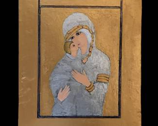 Nancy Harris, MFA, Painting and MA, Art History, Louisiana artist born 1951, ICON, highly unusual subject for this artist, mixed media with gold leaf