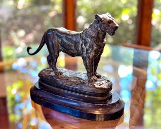 Antoine-Louis Barye Bronze Lioness Sculpture on Solid Stone Base - 9.5” tall and 11” long.