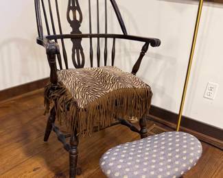 Vintage Windsor Armchair with Zebra Print Pillow. Chair and ottoman sold separately.