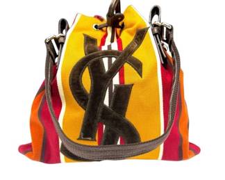 Yves Saint Laurent Canvas Logo Stripe Drawstring Tote