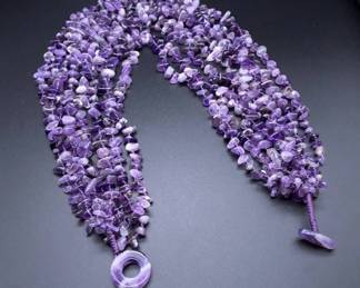 BOLD Multi-Strand Natural Amethyst Tumbled Chip Bead Necklace w/ Toggle Clasp