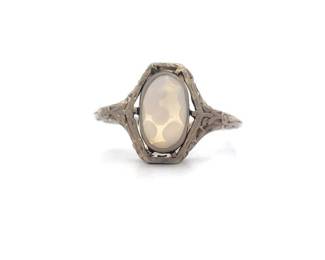 White Agate Textured Antique Ring in 14k White Gold