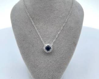 NEW! Natural Sapphire & Diamond Round Halo Pendant Necklace in White Gold