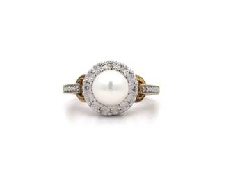 Elegant White Natural Pearl Flower Wreath Halo Two-Tone Ring