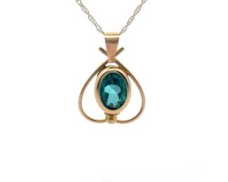 Oval Green Tourmaline Heart Drop Pendant Necklace in 14k Yellow Gold