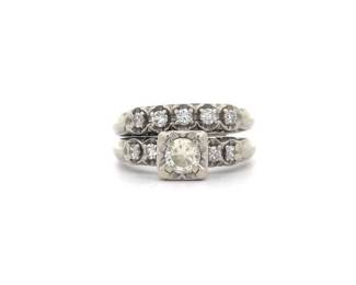 Vintage Natural Diamond Engagement & Wedding Ring Set in 14k White Gold