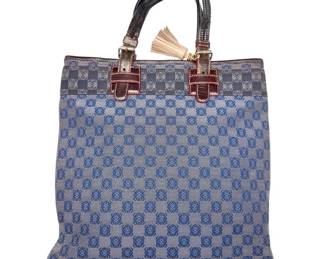 Loewe Blue Anagram Checkered Canvas Tote with Leather Handles