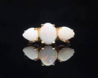 NEW! White Opal Cabochon Pear & Oval Three-Stone Ring in Yellow Gold
