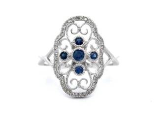 Natural Blue Sapphire & Diamond Lace Filigree Entwined Vine Ring in White Gold