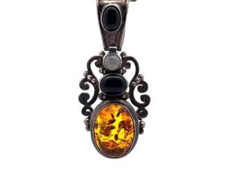 Statement Golden Amber, Onyx, Moonstone Drop Pendant
