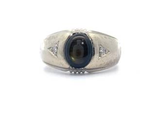 Gray Sapphire & Natural Diamond Textured Beveled Ring in 14k White Gold
