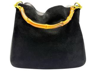 Gucci Black Suede + Leather Bamboo Handle Bag