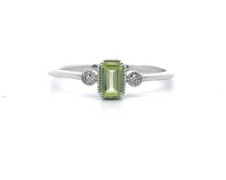 NEW! Emerald Cut Peridot & Natural Diamond Ring in White Gold