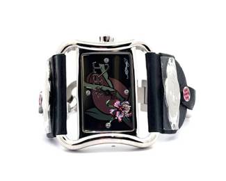 Ed Hardy by Christian Audigier Watch – Black Leather Strap with Floral Dial