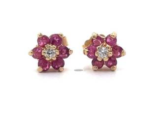 Ruby & Natural Diamond Flower Cluster Stud Earrings in 14k Yellow Gold