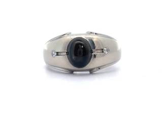 Oval Cabochon Diopside & Natural Diamond Men's Beveled Ring in 14k White Gold