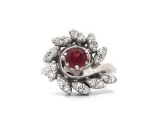 Natural Garnet & Diamond Cluster Flower Swirl Estate Ring in 14k White Gold