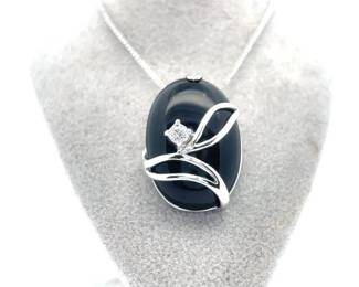 Shiny Onyx & Cubic Zirconia Vine Drop Pendant