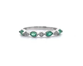 NEW! Natural Emerald & Diamond Bezel Vine & Leaf Slim Stacking Ring in White Gold