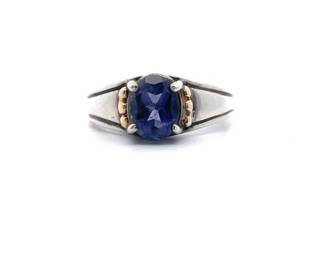 Oval Iolite Solitaire Modern Grooved Two-Tone Ring