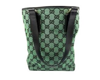 Gucci Green GG Canvas Tote Bag with Black Leather Trim