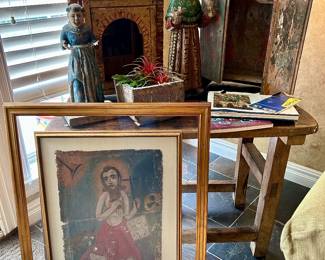Beautiful Antique Mexican Retablo pieces, icons, and unique antique table 