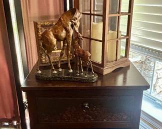 Nice small media cabinet, large lantern and beautiful giraffe bronze 