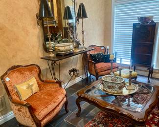 Matching velvet chairs with gorgeous Double D Ranch pillows, coffee table and nice sofa table & matching mirror